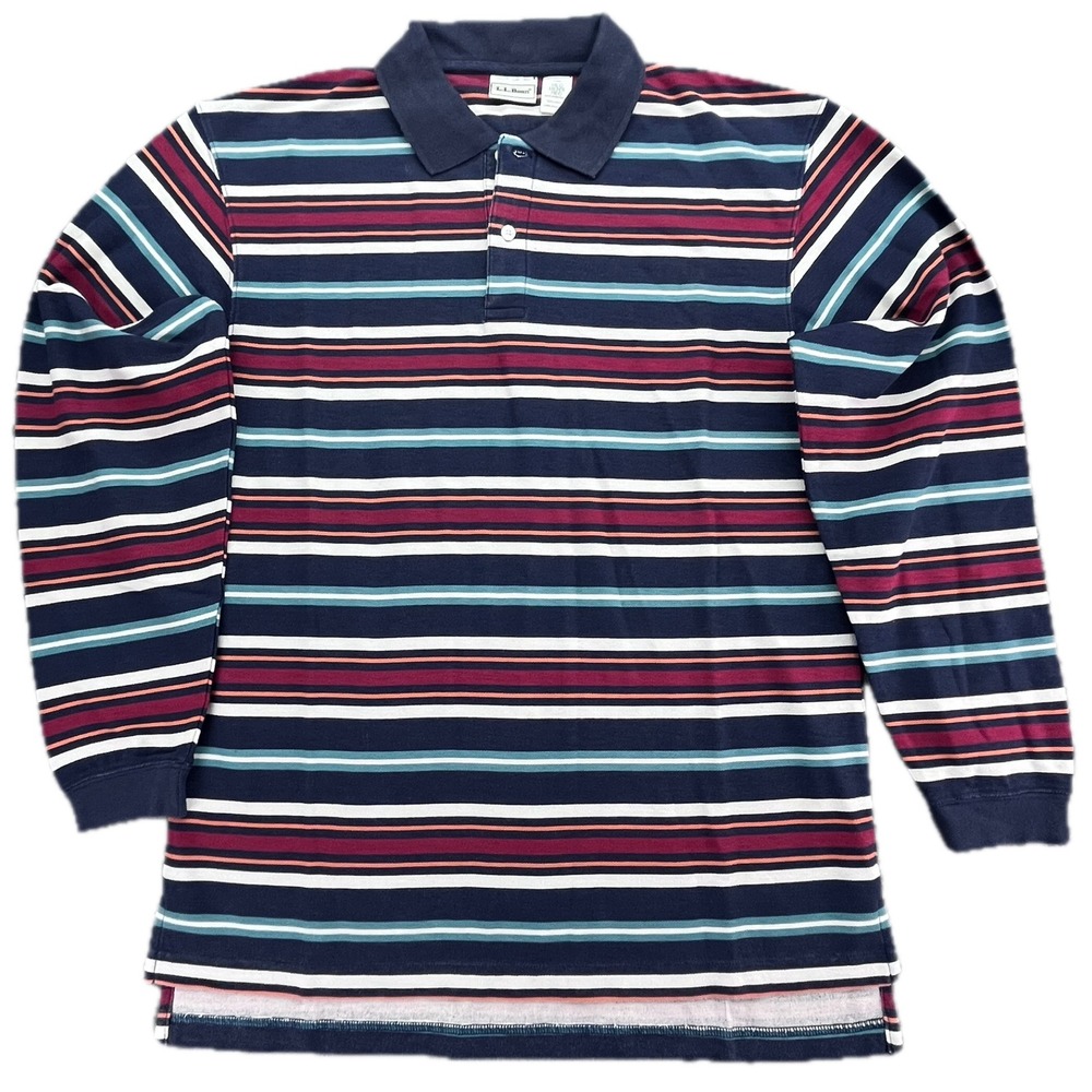LLBean Men's Regular Fit Long Sleeve Striped Polo Shirt Medium Vintage 90's Y2K